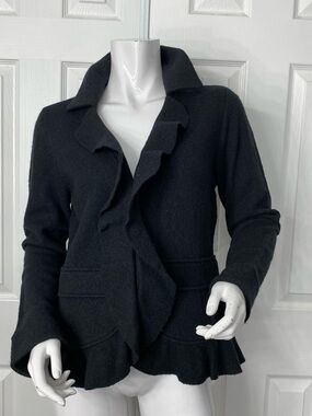 💯Wool Semantiks Black Ruffle-Trim Open Blazer